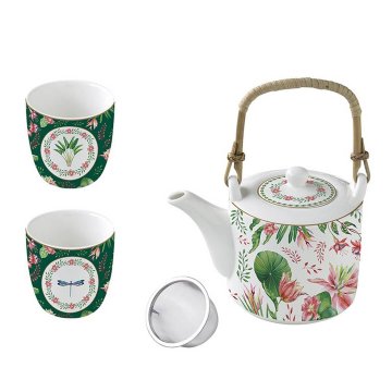 Easy Life Set čajnik 600ml + 2 kozarca 160ml Botanic Chic / 3 kos / porcelan