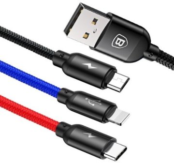 shumee BASEUS 3-v-1 POLNILNI KABEL USB-C / LIGHTNING / MICRO 3,5 A 0,3 M (ČRN)