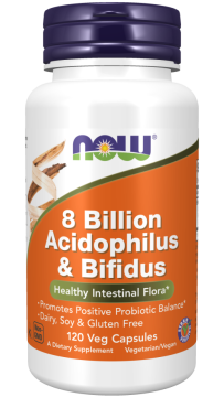 NOW Foods ZDAJ 8 milijard Acidophilus & Bifidus, 8 milijard probiotikov, 3 sevi za zdravje črevesja in imunost, 120 rastlinskih kapsul