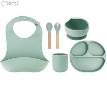 MoMi MoMi AMI otroški jedilni komplet, 5v1, silikonski, posoda, pladenj, skodelica, pribor, slinček, zelen