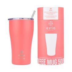 ESTIA HOME ART Fusion Coral izolirana potovalna skodelica, 500 ml, slamica, nerjaveče jeklo, rdeča