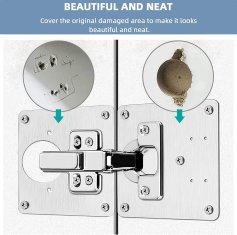 Netscroll Komplet plošč za popravilo tečajev, 2x nerjaveče plošče z vijaki za omare, vrata, predale in pohištvo, za hitro popravilo pohištva, 10×9 cm, SteelHinge