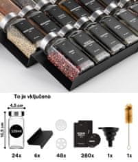 Deco Haus Železni organizator za predal s kozarčki za začimbe - 3-stopenjski organizator za predal s 24 kozarčki za začimbe, 280 etiketami za začimbe, krtačko in lijakom