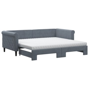 Vidaxl Izvlečna dnevna postelja z vzmetnico tem. siva 90x190 cm žamet