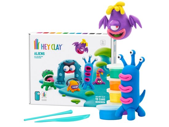 HEY CLAY Hey Clay Vesoljci – Masa za modeliranje z dodatki, 15 barv