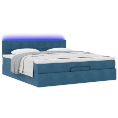 Vidaxl Otomanska postelja z vzmetnico & LED temno modra 160x200cm