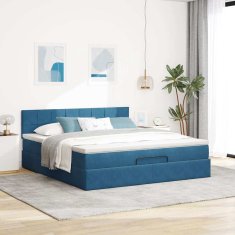 Vidaxl Otomanska postelja z vzmetnico & LED temno modra 160x200cm