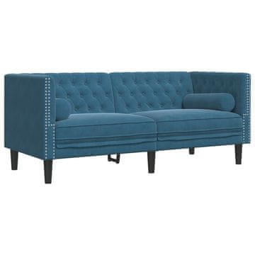 Vidaxl Kavč chesterfield z vzglavniki dvosed modra žamet