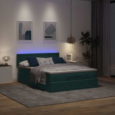 Vidaxl Otomanska postelja z vzmetnico & LEDs temno zelena 140x200cm