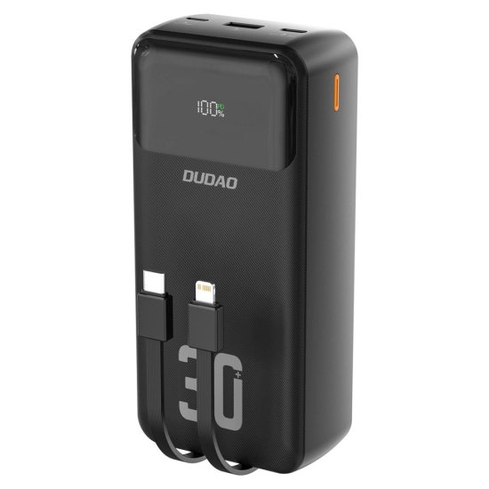DUDAO K15MAX Power Bank 30000mAh USB / USB-C / Lightning + vstavané káble 22.5W, črna