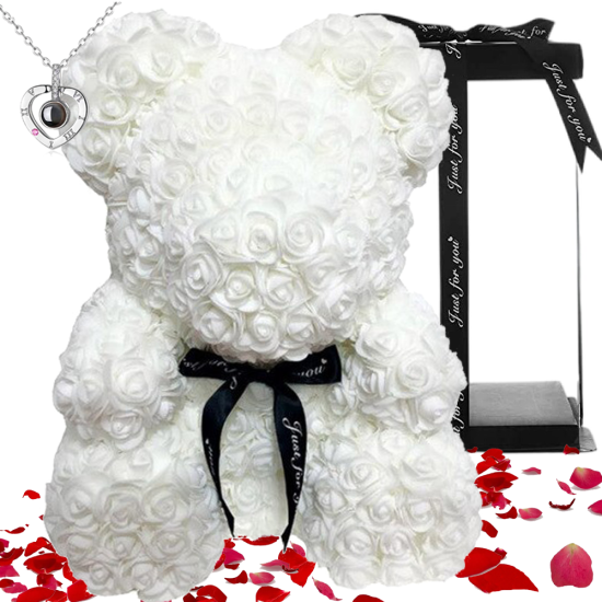 Korbi Beli Medvedek iz Vrtnic 40cm z Ogrlico za Valentinovo