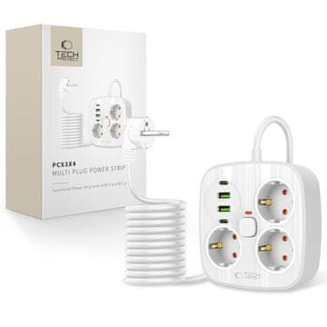 Tech-protect PCS3X4 podaljšek 2x USB / 2x USB-C / 3 vtičnice 2m, bela