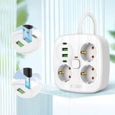 Tech-protect PCS3X4 podaljšek 2x USB / 2x USB-C / 3 vtičnice 2m, bela