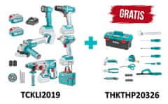 Total One-Stop Tools 5 pcs Lithium-Ion industrial combo kit, 20V/2x4Ah/TIWLI2038/TDLI20051/TRHLI20228/TAGLI201158/TWLI2023/ INDUSTRIAL (TCKLI2019)+32-delni set ročnih orodij