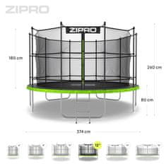Zipro Trampolin Jump Pro 12ft 374cm z notranjo varnostno mrežo