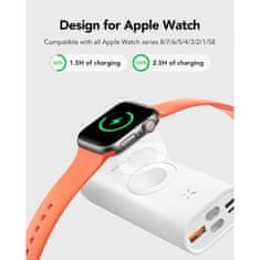 VEGER Prenosna baterija MagFan 10000 mAh, vgrajen kabel in Apple Watch polnilnik, bela