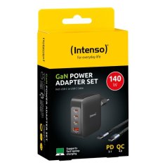 Intenso 140W GaN napajalnik s priključkom 3xUSB-C in 1xUSB-A ter priloženim 2M 200W USB-C kablom