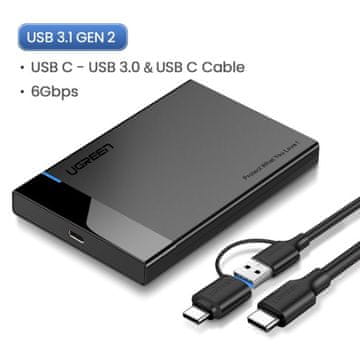Ugreen Ohišje za 2,5 trdi disk USB 3.1 s kablom 2 v 1 USB-A/USB-C v USB-C