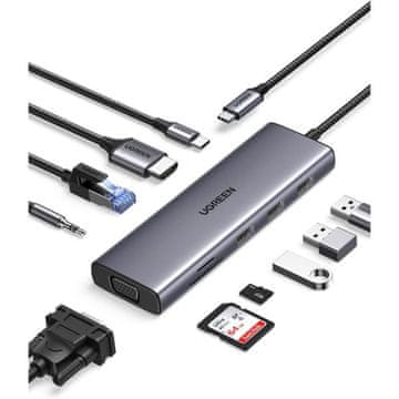 Ugreen USB C Hub, 10-v-1 USB-C z dvojnim izhodom za zaslon 4K HDMI & VGA, 100W PD