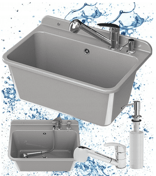 slomart garažno utility korito LARGE iz polipropilena + armatura, pipa ATUT krom (izvlečna) + dozator mila, sivo