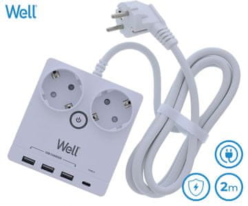 Well EXTS-2S2M-USBC4-WL električni podaljšek s prenapetostno zaščito, 2xSCHUKO, 3xUSB-A, 1xUSB-C, 16A, 3680W