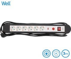 Well EXTS-6S3M-PROT-02-WL električni podaljšek s prenapetostno zaščito, 6x SCHUKO, 16A, 3500W