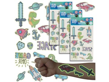 STARPAK Otroški KOMPLET za tetoviranje, PRALNE SVETLEČE tetovaže v temi, 3 LISTI