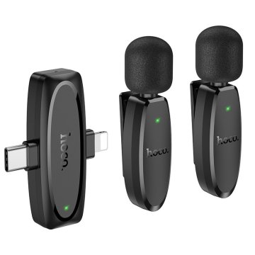 Hoco L15 brezžično lavalier mikrofon Lightning / USB-C 2ks, črna