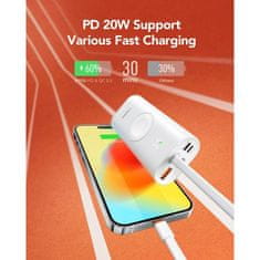 VEGER Prenosna baterija MagFan 10000 mAh, vgrajen kabel in Apple Watch polnilnik, bela