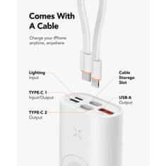 VEGER Prenosna baterija MagFan 10000 mAh, vgrajen kabel in Apple Watch polnilnik, bela