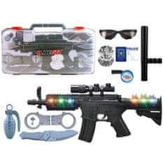 Lean-toys 9 delni set policijske puške 47cm v kovčku s svetlobni in zvočni efekti