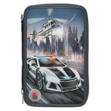 Monster Cars Třípatrový penál s výbavou a LED efektem , Modrý, policejní auto + helikoptéra