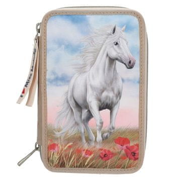 Miss Melody Třípatrový penál s výbavou Poppy Sand, Kůň na louce, vlčí máky, béžový