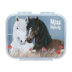 Miss Melody Svačinový box Dusty Rose, Koně na louce, vlčí máky, modrý, s přihrádkami