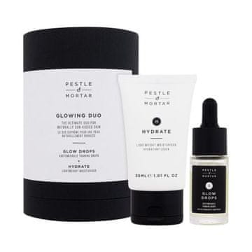Pestle & Mortar Glowing Duo Set samoporjavitveni serum za obraz Glow Drops 15 ml + vlažilna krema za obraz Hydrate Lightweight Moisturiser 30 ml za ženske