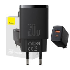 BASEUS Baseus Compact Quick Charger omrežni polnilnik, USB, USB-C, 20 W (črn)