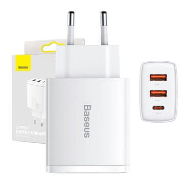 BASEUS  Compact Quick Charger, 2xUSB, USB-C, PD, 3A, 30W (white)