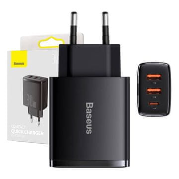 BASEUS Mrežni polnilnik Baseus Compact Quick Charger, 2xUSB, USB-C, PD, 3A, 30W (črn)