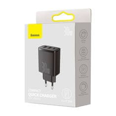 BASEUS Mrežni polnilnik Baseus Compact Quick Charger, 2xUSB, USB-C, PD, 3A, 30W (črn)
