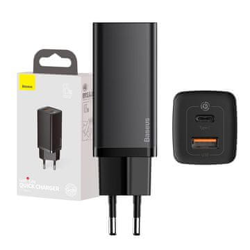 BASEUS Baseus GaN2 Lite omrežni polnilnik, USB + USB-C, 65 W, EU (črn)