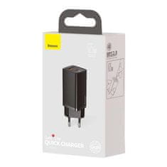 BASEUS Baseus GaN2 Lite omrežni polnilnik, USB + USB-C, 65 W, EU (črn)
