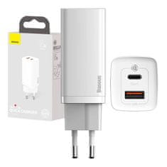 BASEUS Baseus GaN2 Lite omrežni polnilnik, USB + USB-C, 65 W, EU (bel)