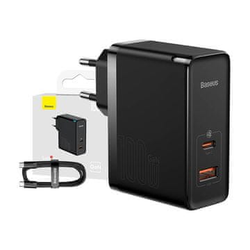 BASEUS Baseus GaN5 Pro omrežni polnilnik, USB-C + USB, 100 W + kabel (črn)