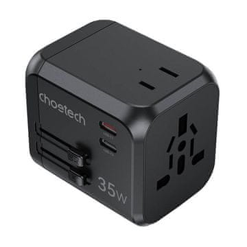 Choetech Potovalni omrežni polnilnik Choetech PD5008, 3xUSB-A, 2xUSB-C, GaN, 35 W, ZDA/EU/Velika Britanija/Avstralija (črn)