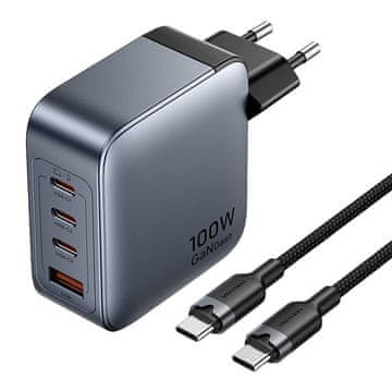 Vention Mrežni polnilnik Vention 3x USB-C, 1x USB-A, (100 W/100 W/30 W/30 W) (siv) s kablom USB-C na USB-C (1 m) (črn)
