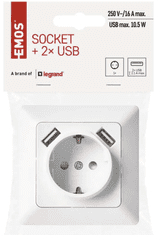 Emos vtičnica z USB, 2,1A max., schuko, bela (A6000.1)