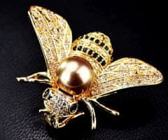 For Fun & Home Elegantna broža v obliki čebele s perlo in cirkoni, bižuternana zlitina, zlat color, 4x3 cm