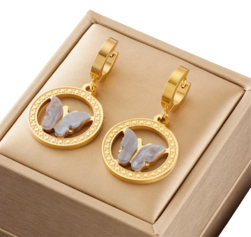 For Fun & Home Zlate viseče uhane iz kirurške jekla z metulji, majhni krogi, 4 x 2,2 cm