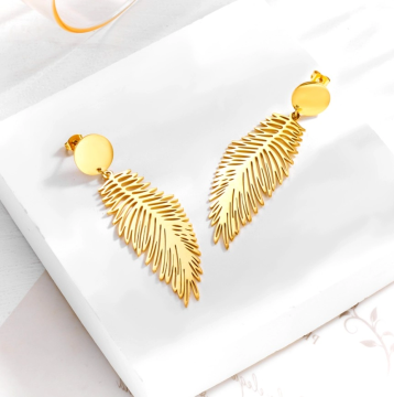 For Fun & Home Uhani iz kirurškega jekla 316L, motiv peresa, zlate barve, dimenzije 6,5 cm x 2 cm