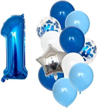 Camerazar Set 12 modrih in belih rojstnodnevnih balonov s konfeti, lateks in folija, 82 cm